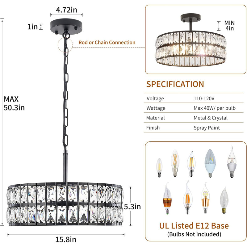 Lustre encastré en cristal noir de 16 pouces, plafonnier rond moderne à hauteur réglable pour salle à manger, îlot de cuisine, salon et chambre à coucher
