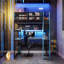 Lit mezzanine simple en bois avec bureau, étagère de rangement latérale, tablettes multiples et lumière RVB, bleu nuage-407936275-407936273