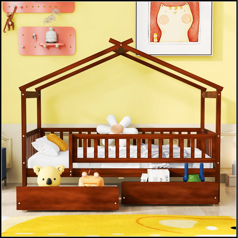 Lit en bois pour la maison avec deux tiroirs, structure en bois de pin durable et toit suspendu pour chambre d'enfant, Noyer