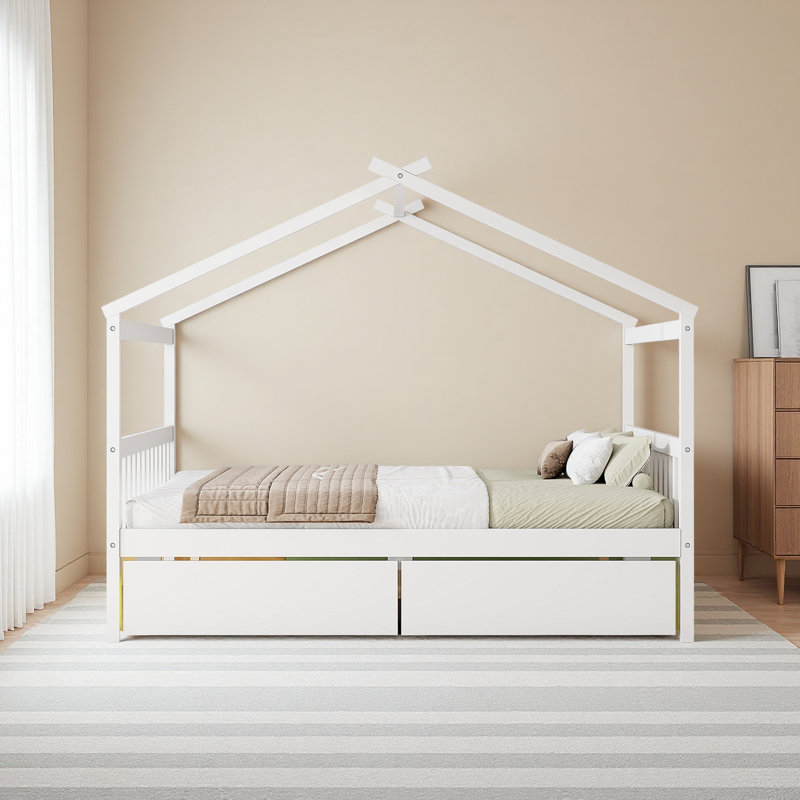 Lit double en bois avec tiroirs, Lit double, Blanc