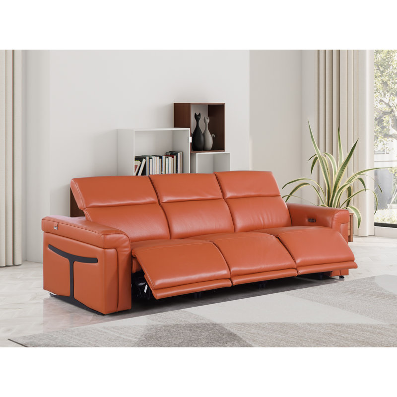 3-Power Seat Reclining Italian Leather Sofa With Power Headrest, Orange