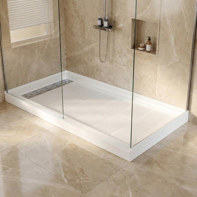 Shower Pan 48" x 32", Non-Slip Shower Base with Left Drain & 3-Sided Splash Guard, Includes 304 Stainless Steel Long Drain Cover & Drain Assembly for Bathroom Floor, White