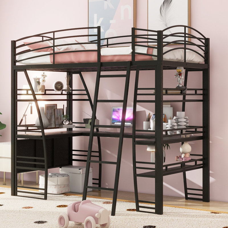 Lit mezzanine avec 4 niveaux de tablettes et bureau en L, Lit simple, Noir