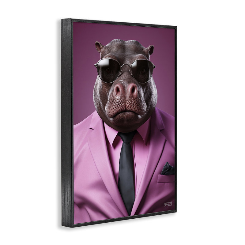 Hippopotame mauve fort, estampe numérique par Roozbeh Bahramali, Giclée encadrée noir minuit, H 18 po x l 12 po
