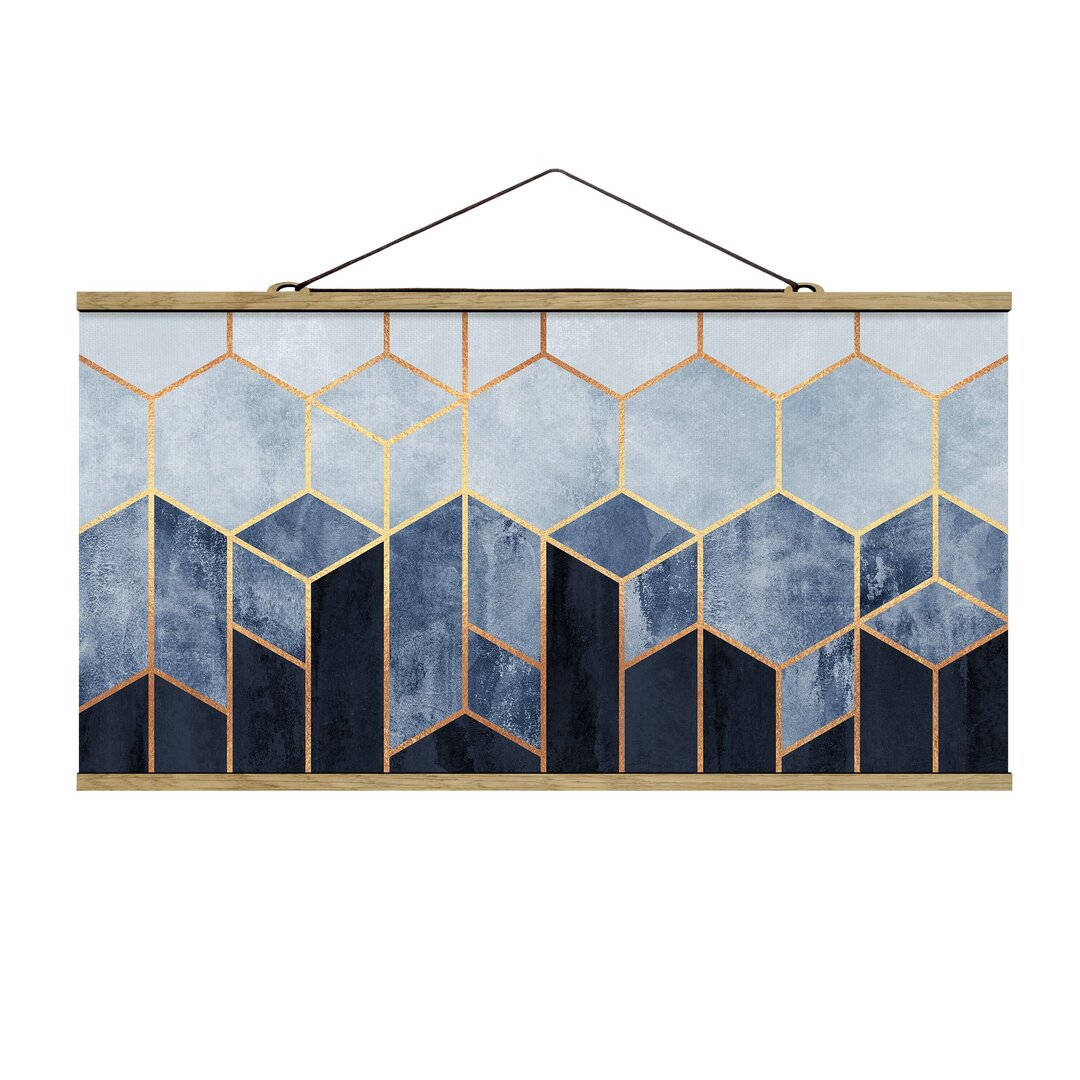 Grafikdruck Golden Hexagons Blue White von Elisabeth Fredriksson