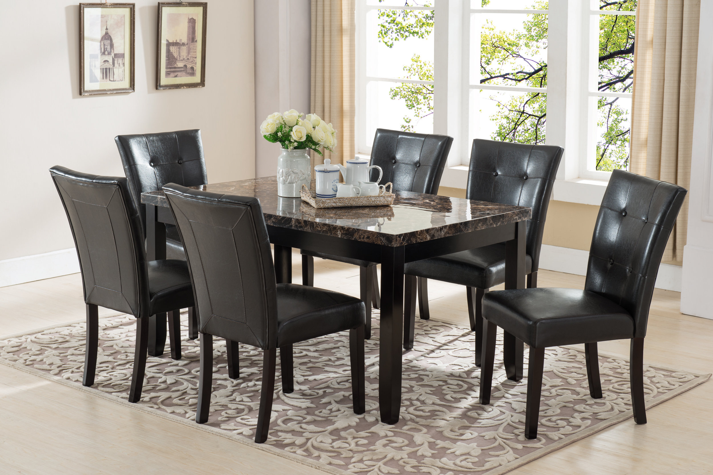 Red Barrel Studio 5pc Black-brown Top Faux Marble Dining Table Set With ...