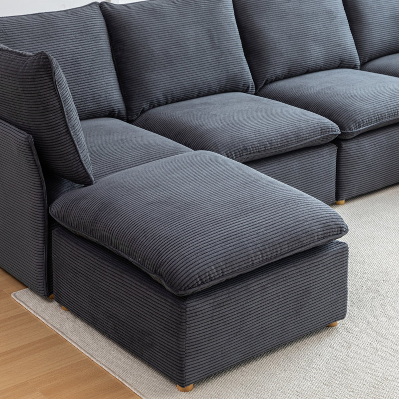 Hepworth Dejohn Corduroy Sectional Sofa With Two Ottomans, Gray Corduroy, 36" H x 125" W x 62.5" D