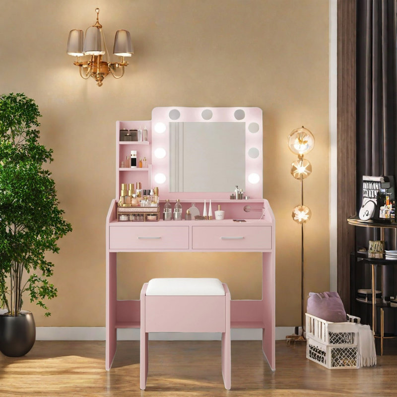 Vanity Desk With Mirror And Led Lights, Makeup Vanity Desk With Charging Station And Cushioned Stool, Pink