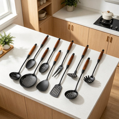 10-Piece Stainless Steel Kitchen Utensil Set With Wooden Handles - Professional Cooking Tools Including Spatula, Ladle, Skimmer, Slotted Turner, Spoon, Fork, And Masher