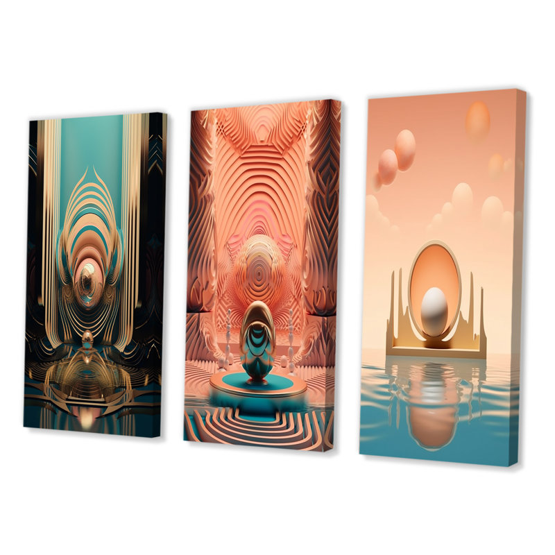 «Graphic Bliss Retro Futuristic Architecture IV», 3 pièces sur toile, Toile tendue, H 28 po x l 36 po
