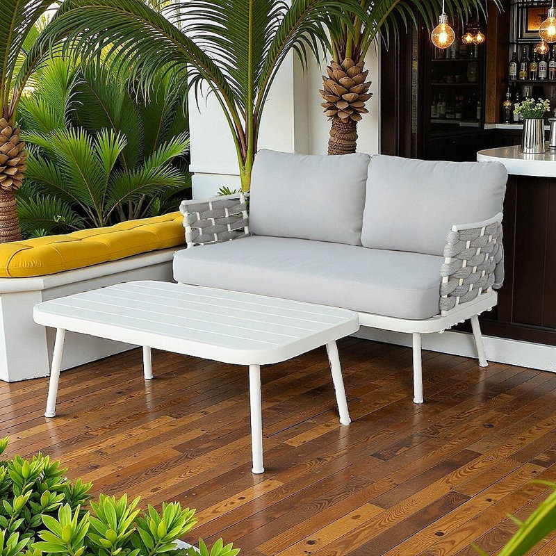 Ensemble de patio 2 personnes Coastal Modern avec corde tissée à la main et coussins moelleux - résistant à la rouille et aux intempéries