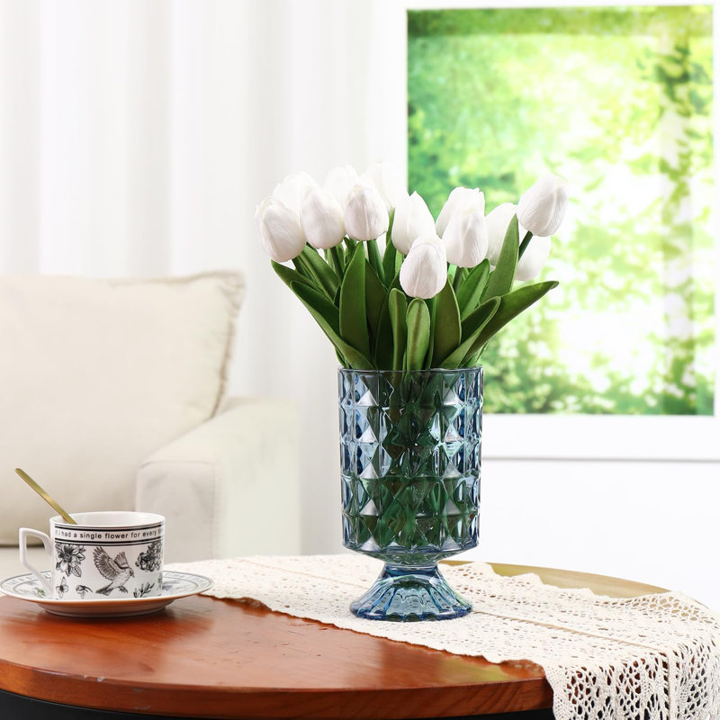 Pedestal Glass Vase, Large Floral Vase for Living Room & Wedding Decor, Blue
