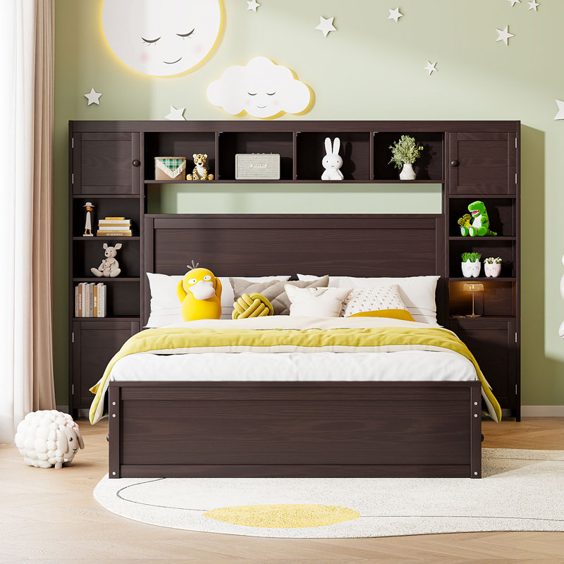 Grand lit en bois avec armoire tout-en-un, tablette et prises, espresso