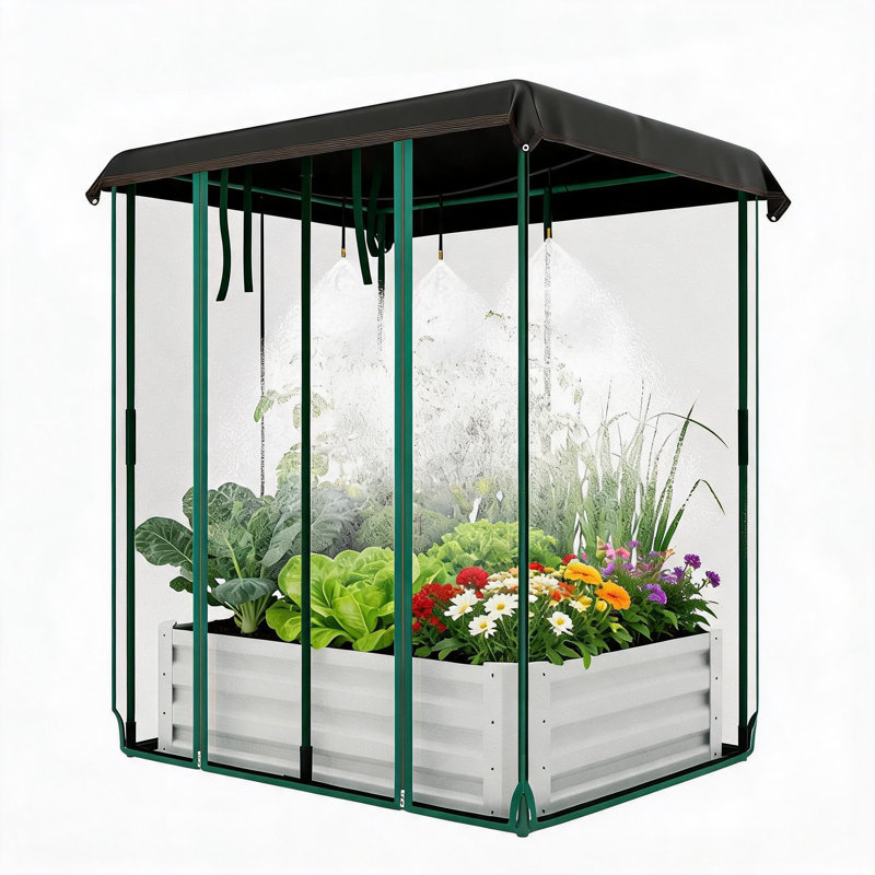 Système de lit de jardin surélevé galvanisé beige durable 3 en 1 avec écran d'ombrage pour arrosage automatique et grande boîte à fleurs en métal