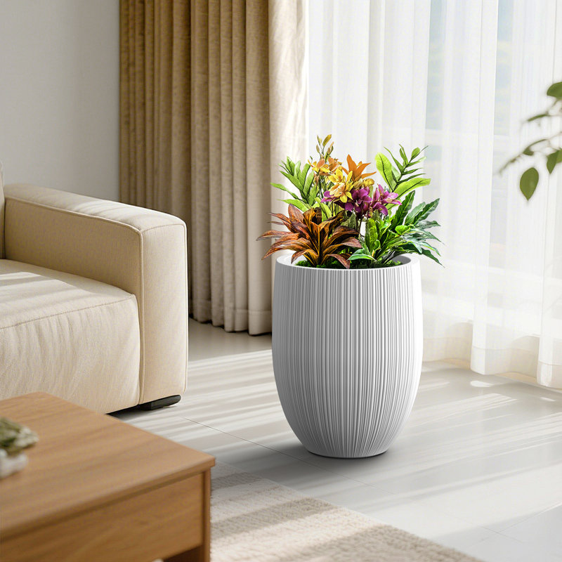 Grand pot à fleurs rond en forme de baril de 17 po en béton blanc perlé avec trous de drainage, intérieur amélioré