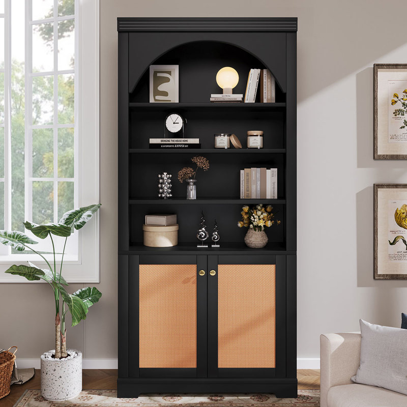 Bibliothèque moderne haute avec éclairage DEL à 4 niveaux, étagères ouvertes réglables et portes de rangement pour salon et bureau à domicile