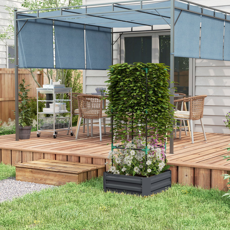 Galvanized Planter Box, 24" X 24" X 55" Raised Garden Bed With Tomato Cage For Climbing Vines, Dark Gray, Dark Gray