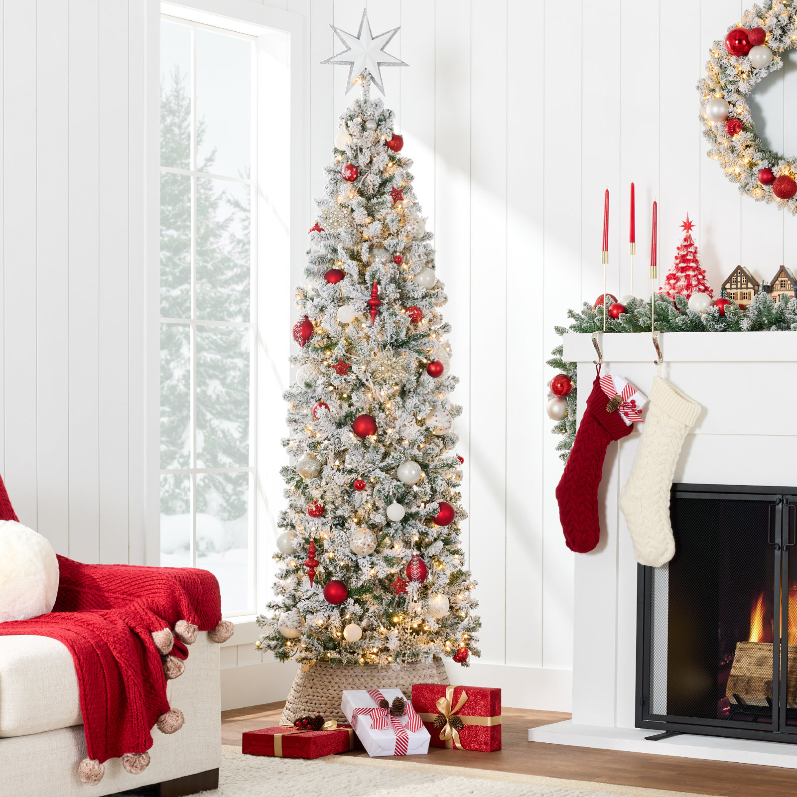 Pencil Frosted 12' Pre-Lit Pine Christmas Tree, 4.5' H