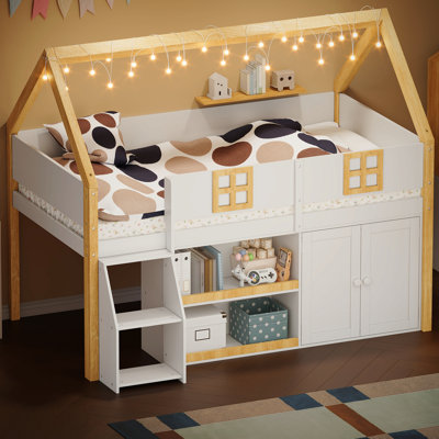 Full-Size Low Loft Bed With Step Staircase, Shelving, Cabinets And Led Lights, White And Natural