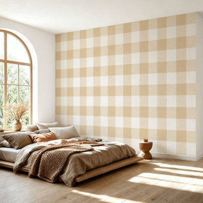 Wall Mural Peel and Stick Wallpaper Gingham seamless Beige white Checkered tweed plaid repeating Natural Self-Adhesive Removable Contact Paper Wall Decor for Living Room Bedroom 69"H x 96"W