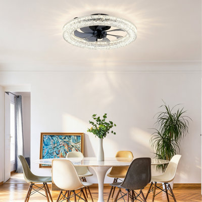 Ventilateur en acrylique en brique de glace, source de lumière à DEL et télécommande, ventilateur à DEL encastré moderne à intensité variable 3000-6500K, 6 vitesses, moteur à courant continu silencieux pour le salon, la chambre à coucher, la cuisine - noir mat