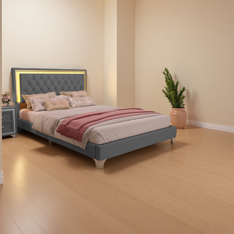 Grand cadre de lit tapissier grand avec lumières DEL, lit plateforme moderne en velours avec tête de lit capitonnée, Gris