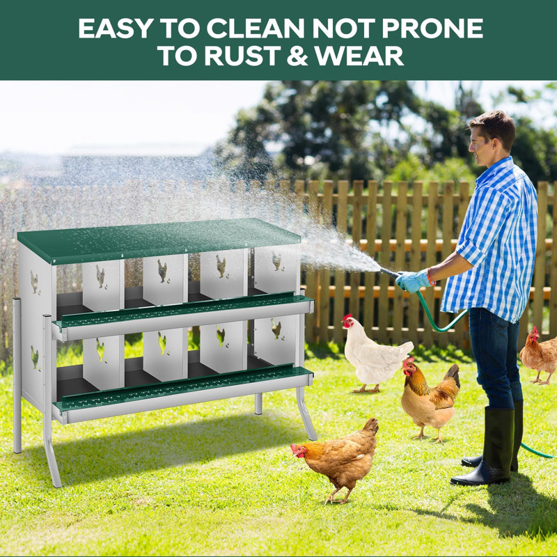 Boîtes de nidification pour poulets en métal à 8 compartiments avec plateau à œufs, perchoir et couvercle, lignes horizontales doubles et trous ventilés, fixation murale ou autoportante avec pieds en métal pour poules et canards, vert