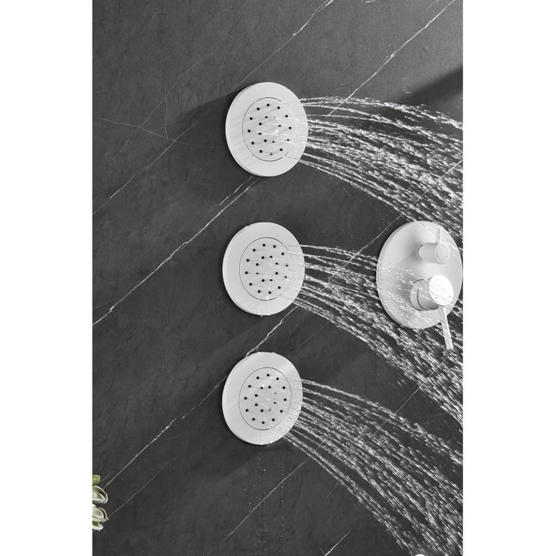 Système de douche avec pomme de douche, douche à main, barre coulissante, jets de corps, bras de douche, tuyau, garniture de valve et poignées à levier