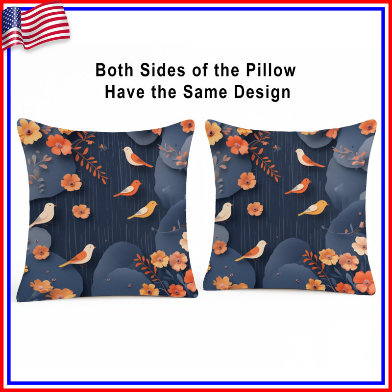 Birds And Orange Flowers Double Sided Throw Pillows, 16 x 16 inches