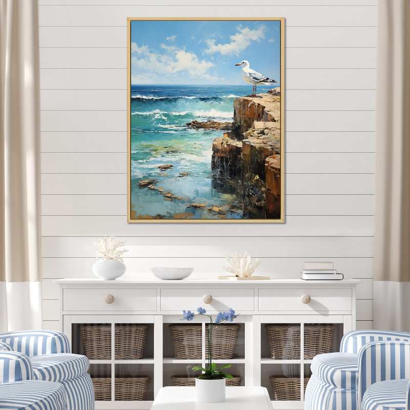 «Seagulls Perch Horizon I» - art mural fenêtres côtières, Cadre flottant brun, H 32 po x l 16 po x P 1 po