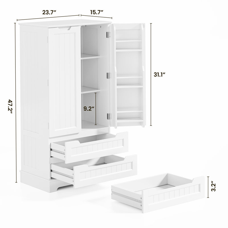 Bayview Elinna 47.2” Tall Kitchen Pantry with 2 Drawers, 3 Shelves, Handleless Design, Waterproof MDF Construction, White