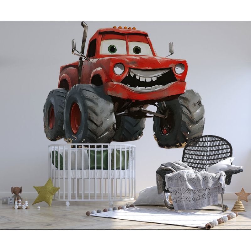 Autocollant mural personnalisé de camion monstre - conception de camion rouge souriant, parfait pour les chambres d'enfants ou les salles de jeux
