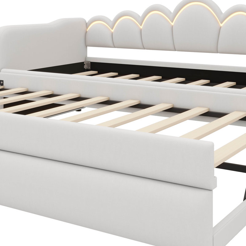 Twin XL Size Upholstered Daybed With Pull-Out Bed And LED Light, Pull-Out Bed Adjustable, White