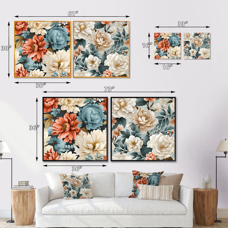 Keila - Ensemble de 2 collages carrés floraux, H 16 po x l 33 po, Cadre flottant brun