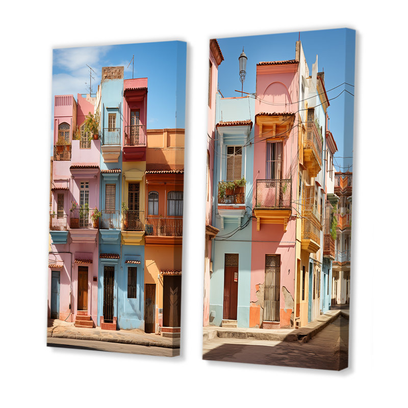 «Cuba Multicolor Street Charm», ensemble de 2 impressions sur toile de paysage cubain, H 28 po x l 25 po, Toile tendue