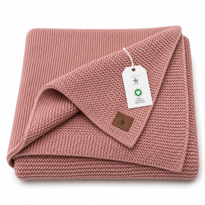 Couverture tricotée pour bébé 100% coton biologique avec boîte-cadeau Little Dedi, Rose