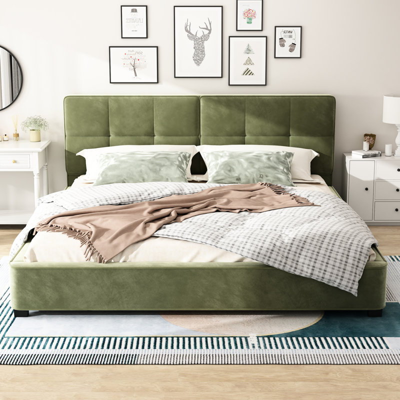 Olive Velvet Bed Frame, King Size Upholstered Platform With Wide Headboard And Deep Round - Shaped Tufting, Soft Square Corners, No Box Spring, Easy Assembly For 2 Adults Frame Design, Minimalist