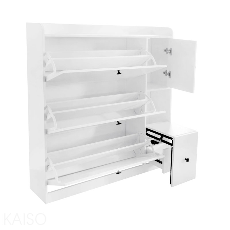 Versatile Tipping Bucket Shoe Cabinet With 3 Flip Drawers, Maximum Storage Entryway Organizer With Drawer, Free Standing Shoe Rack With Pull-Down Seat For Hallway, White