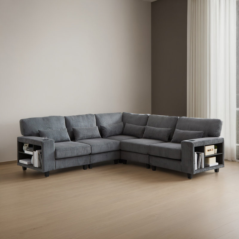 Canapé-lit modulaire 5 pièces pour salon, Velours côtelé gris
