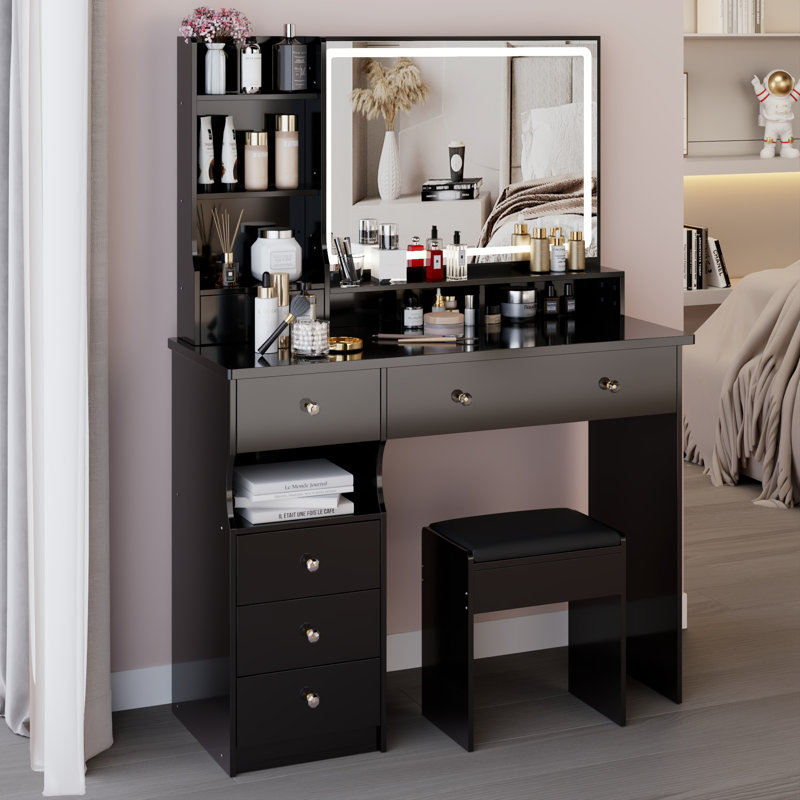 Meuble-lavabo de 41 po avec tiroir à gauche et tabouret rembourré 41 po, miroir à DEL très grand à commande tactile, interrupteur à 3 couleurs, commode à plusieurs niveaux avec rangement haute capacité