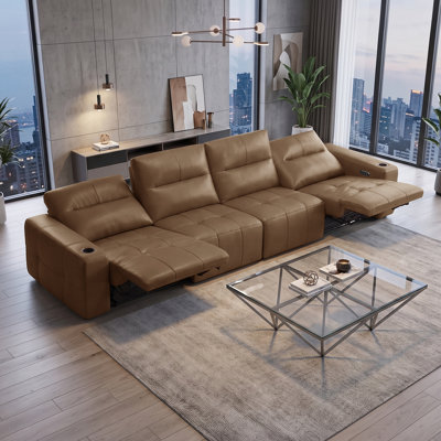 Canapé inclinable électrique en cuir véritable avec porte-gobelets, canapé modulaire 4 places avec ports de charge USB, brun
