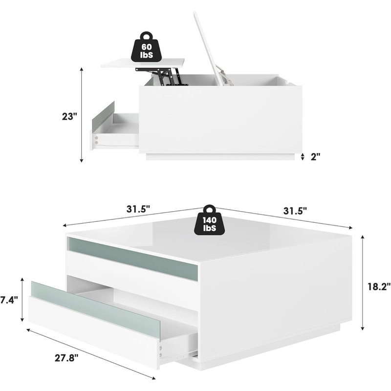White High Gloss Square Lift Top Coffee Table with LED & Flip Lid - Modern Small Coffee Table with Drawer for Living Room