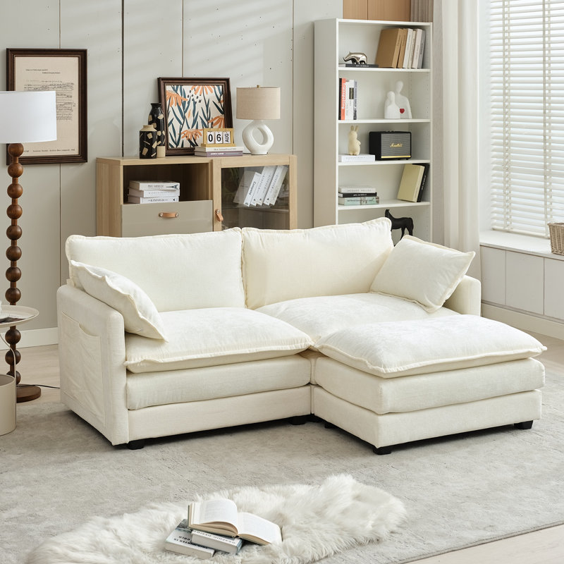 3-Piece Chenille Sectional With Double Layer Seat Cushions, Four Pillows and One Ottoman, Beige