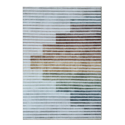7' X 10' Beige Blue and Brown Striped Area Rug