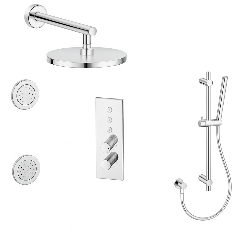 LineaBox Vertical Round 3-Way Diverter Shower System with 8-Inch Rain Shower Head, Two Body Sprays and Hand Shower with Slide Bar, Valve Included