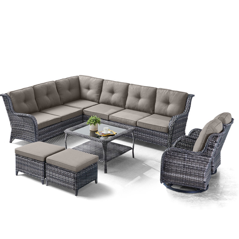 Schutt 8 Person Outdoor Sectional Seating Group with Cushions, Gray Frame/Gray Cushion