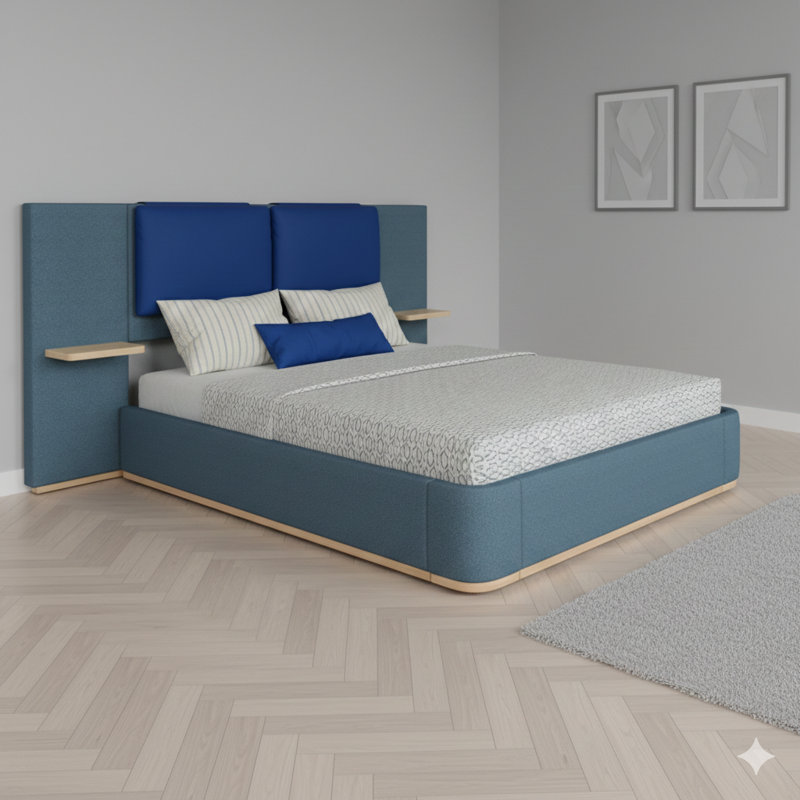 Queen-Sized Upholstered Platform Bed With A Panel Design, Features Anti-Collision Soft Rounded Corners, Stable And Solid Construction, No Box Spring Needed, Easy Assembly, In Blue.
