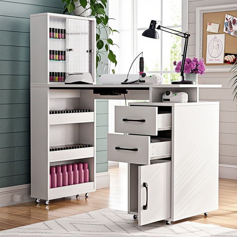 Table de manucure Leffingwell, table de manucure professionnelle pour Nail Tech avec vitrine visible avec collecteur de poussière, coussin de poignet