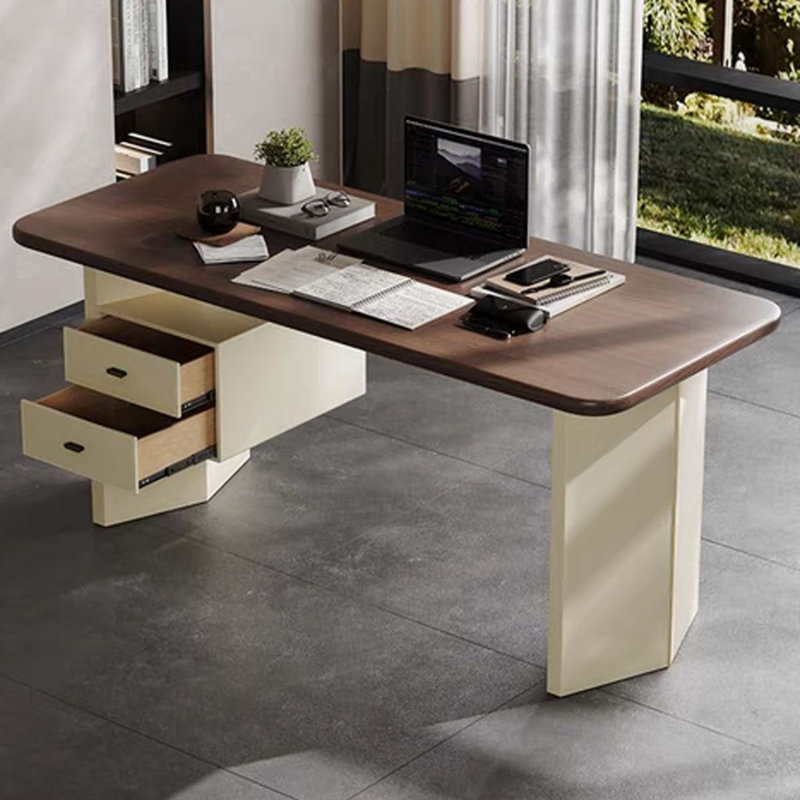 Bureau rectangulaire en bois manufacturé brun noisette + beige avec 2 tiroirs, Retour à gauche