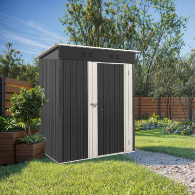 Remise de rangement extérieure 5 x 3 pi, remise de jardin en métal avec porte verrouillable, remise à outils anti-corrosion avec toit incliné, pour pelouse de patio